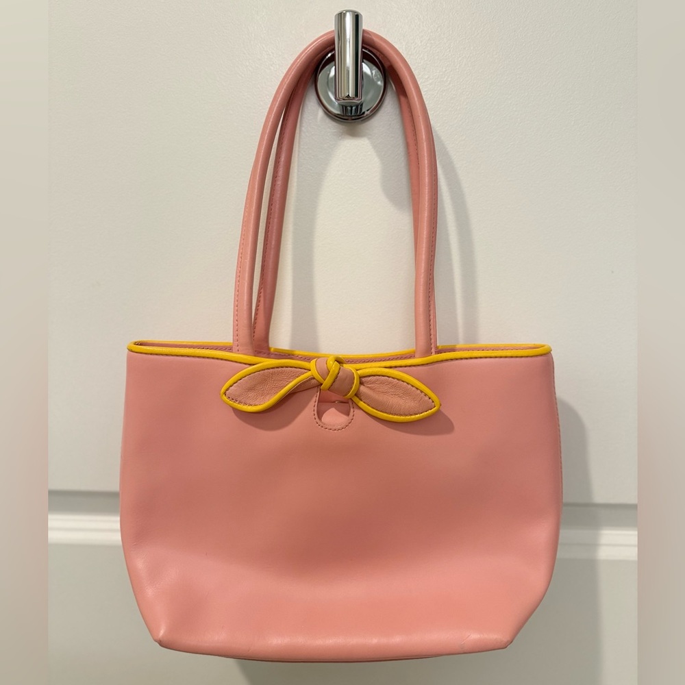 Vintage Y2K Furla Pink Leather Tote Bag with Knotted Bow‎ Detail, Made In Italy